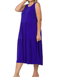 "Maureen" Sleeveless Tiered Midi Dress Bright Blue Plus Size