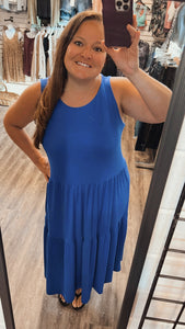"Maureen" Sleeveless Tiered Midi Dress Bright Blue Plus Size