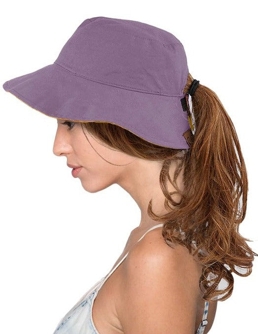 CC Solid Color Reversible Ponytail Bucket Hat Violet/Mustard As Shown
