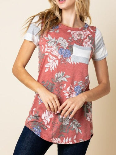 FLORAL TEE STRIPED ARM RUST -FINAL SALE