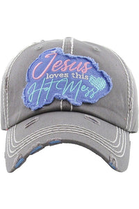 "JESUS LOVES THIS HOT MESS" VINTAGE  CAP LT GREY 40-30