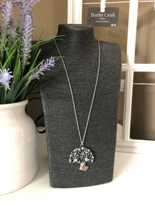 Vintage Inspired Necklace Rhinestone Tree w/bird & beads Silver Tone