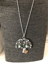 Load image into Gallery viewer, Vintage Inspired Necklace Rhinestone Tree w/bird &amp; beads Silver Tone