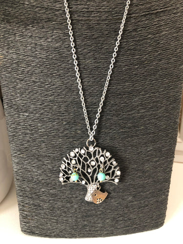 Vintage Inspired Necklace Rhinestone Tree w/bird & beads Silver Tone