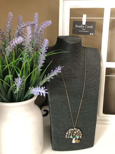 Vintage Inspired Necklace Rhinestone Tree w/bird & beads Antique Gold Tone