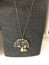 Load image into Gallery viewer, Vintage Inspired Necklace Rhinestone Tree w/bird &amp; beads Antique Gold Tone