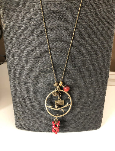 Vintage Inspired Antique Gold Necklace Bird/ Beads