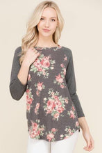 Load image into Gallery viewer, FLORAL TOP 3/4 SLEEVE TEE CHARCOAL #10045 Final Sale