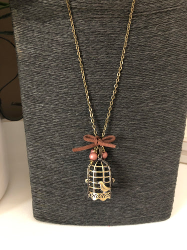 Vintage Inspired Bird Cage Necklace Antique Gold Tone