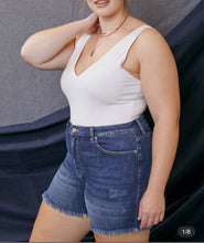 Load image into Gallery viewer, &quot;Makenna&quot; KanCan High Rise Denim Shorts Frayed Hem Med Wash Curvy Sizes