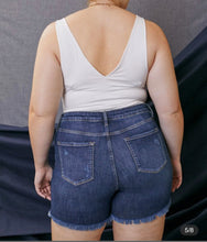 Load image into Gallery viewer, &quot;Makenna&quot; KanCan High Rise Denim Shorts Frayed Hem Med Wash Curvy Sizes
