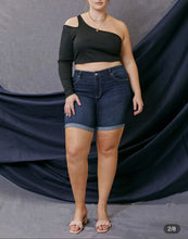 Load image into Gallery viewer, &quot;Maddison&quot; KanCan High Rise Bermuda Denim Shorts Rolled Hem Dark Wash Curvy Sizes