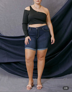 "Maddison" KanCan High Rise Bermuda Denim Shorts Rolled Hem Dark Wash Curvy Sizes