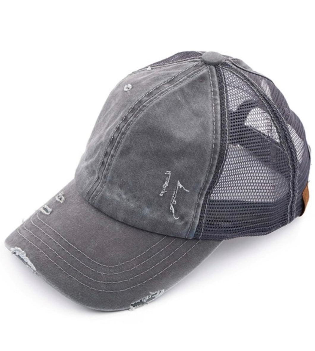 CC Distressed Ponytail Hat Grey Final Sale