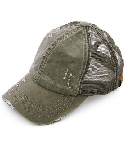 CC Distressed Ponytail Hat Khaki Green