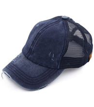 Load image into Gallery viewer, CC Distressed Ponytail Hat Navy Blue Final Sale