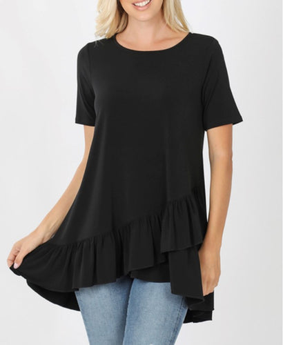 Front Overlap Ruffle Bottom Top Black