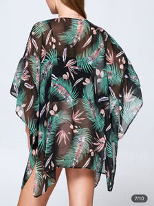"Kalani" Kimono Tropical Leaf Print Black As Shown
