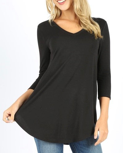 3/4 Sleeve V Neck Top Black