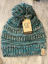 Load image into Gallery viewer, Kids Knit CC Pom Toque Multi Color Teal/Grey/Blk 40-25