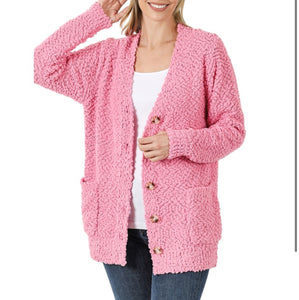 Candy Pink Button Down Popcorn Cardigan