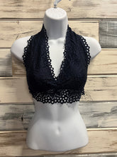 Load image into Gallery viewer, Lace Halter Style Bralette Lined Navy Blue