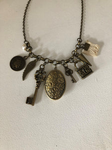 Vintage Inspired Antique Gold Lock / Key/ Locket Ast Charm Necklace