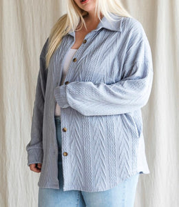 "Isabella" Cable Knit Button Down Top Blue Extended Sizes Final Sale