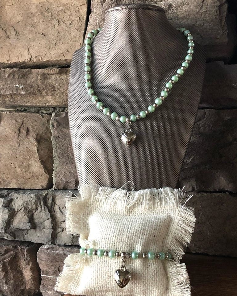 Kids Bead & Heart Pendant Necklace & Bracelet Set Mint #1112