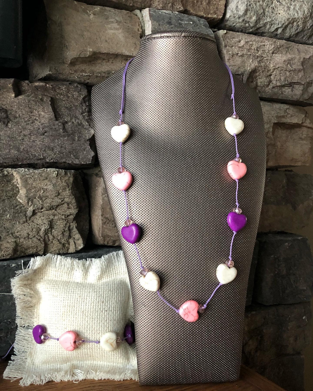 Kids Heart Bead Necklace & Bracelet Set Cream/Purple/PInk #1115