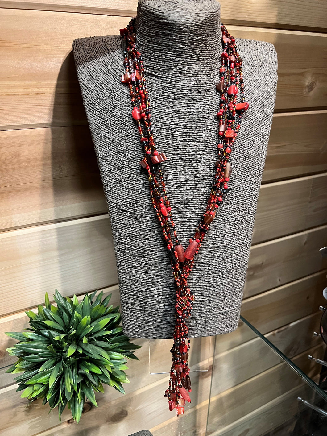 Multi Strand Beaded Necklace Knot Detail Red 11-25