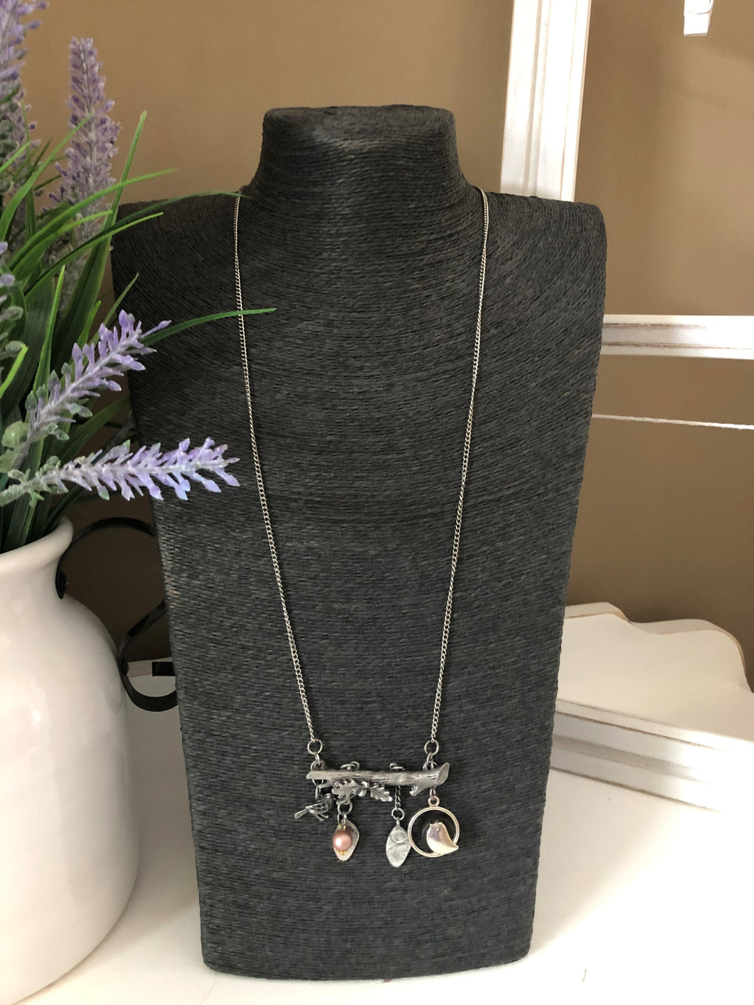 Vintage Inspired Antique Silver Branch W/ Bird & Leaves Necklace