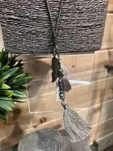 Load image into Gallery viewer, Layered Necklace W/ Tassels &amp; Feather Grey Tones