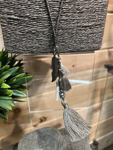 Layered Necklace W/ Tassels & Feather Grey Tones