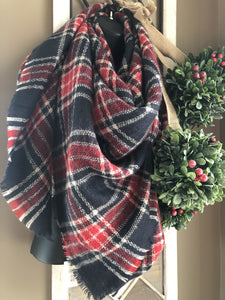 Plaid Blanket Scarf Navy/Red/White As Shown