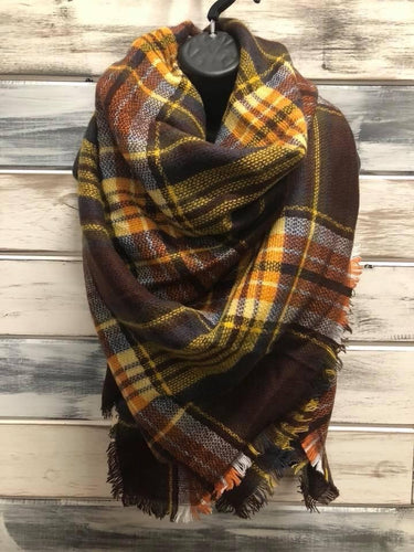 Plaid Blanket Scarf Brown/Mustard/Orange/White As Shown