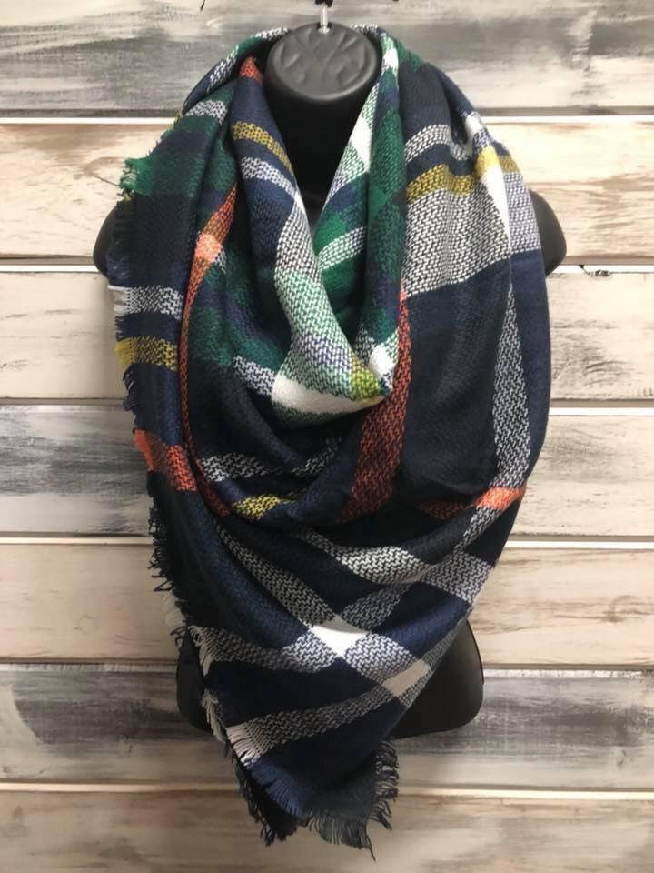 Plaid Blanket Scarf Navy/Coral/White/Yellow/Dark Green As Shown