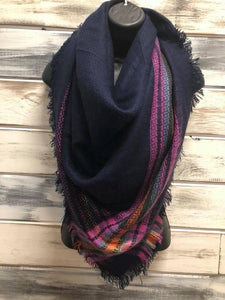 Blanket Scarf Square 50"x50" Navy Striped Edge As Shown