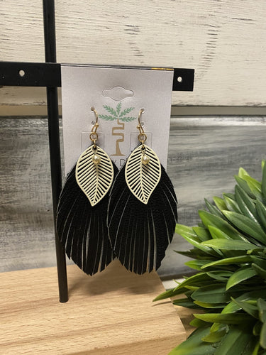 Earrings Leather & Metal Feather Black & Cream #ER134BL