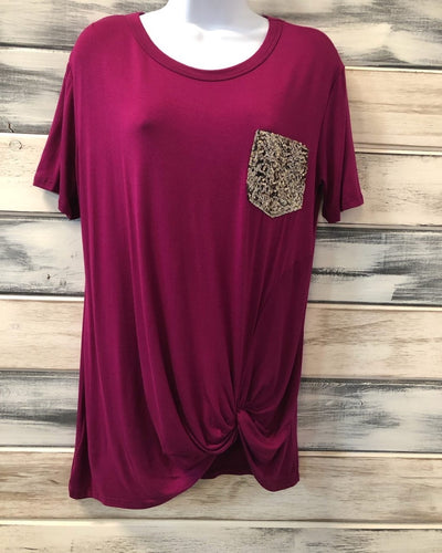 Magenta Knot Tee W/Sequin Pocket Final Sale