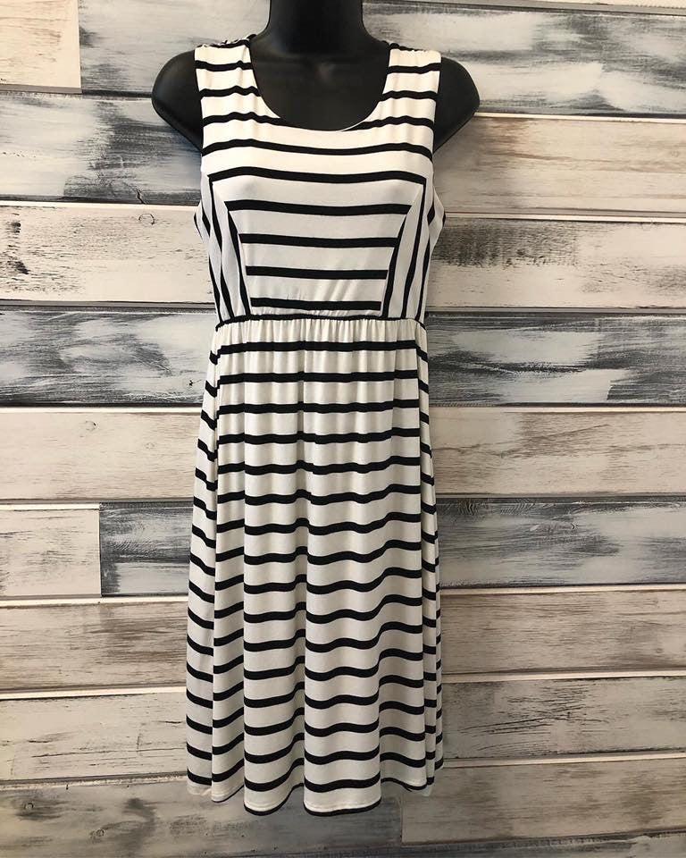 Striped Midi Dress Sleeveless IVORY/BLACK #10057 FINAL SALE