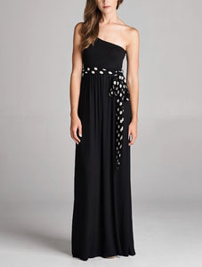 Black One Shoulder Maxi Dress W/Polka Dot Tie #10055 Final Sale