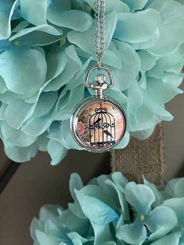 Pocket Watch Necklace Silver / Bird Cage