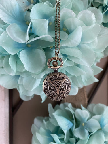 Pocket Watch Necklace Antique Gold  / Owl