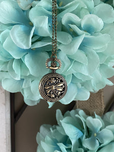 Pocket Watch Necklace Antique Gold  / Dragonfly