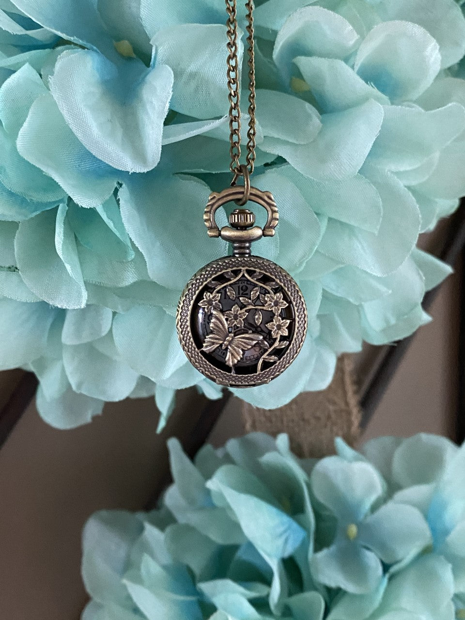 Pocket Watch Necklace Antique Gold  / Butterfly & Flowers