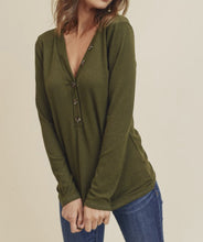Load image into Gallery viewer, Ribbed Button Detail V Neck Top Olive FINAL SALE
