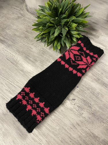 Kids Fingerless Gloves / Arm Warmers Black/Pink Snowflake Pattern #19-15